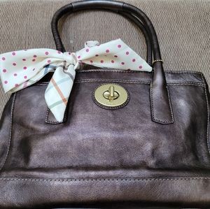 Coach Vintage Dark Brown Metallic Madeline Leather Satchel Handbag Scarf